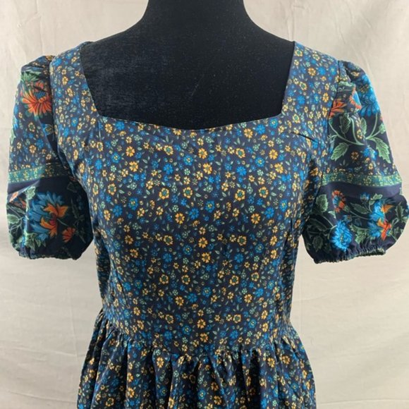Blue Boho Ditsy Floral Print Sweetheart Neck Ruffle Hem Dress - Picture 7 of 7